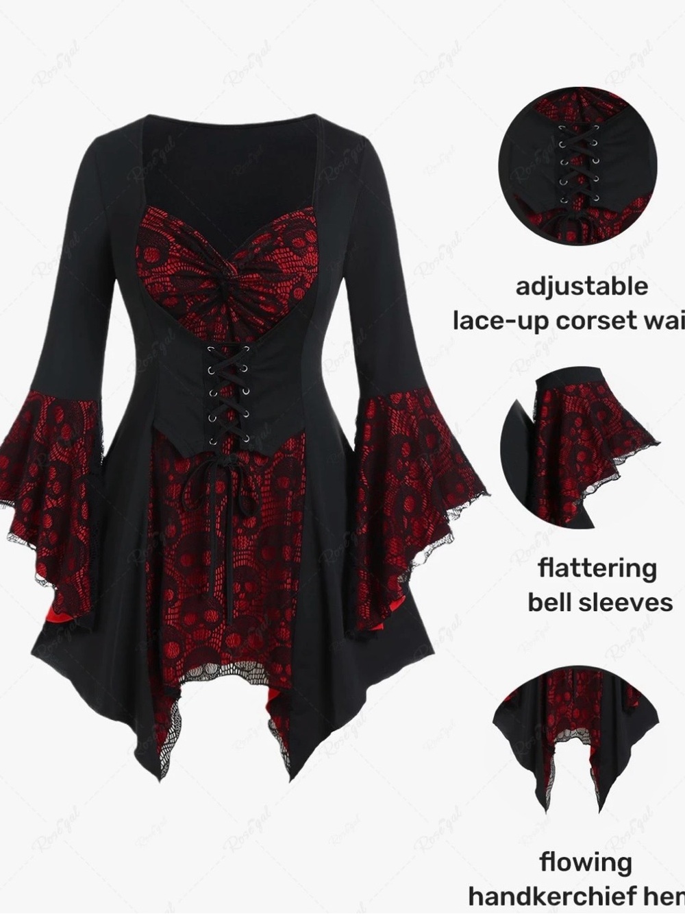Black & Red Lace Gothic Corset Tunic top - Picture 3 of 11